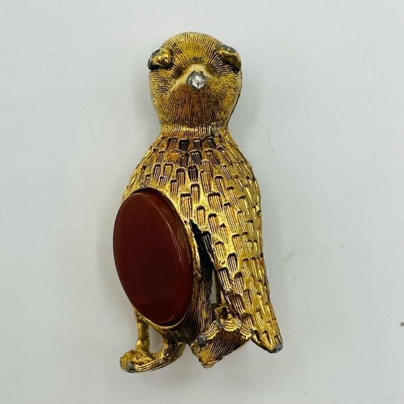 Vintage Gold Penguin Carnelian Jelly Belly Pin Brooch - Picture 2 of 3